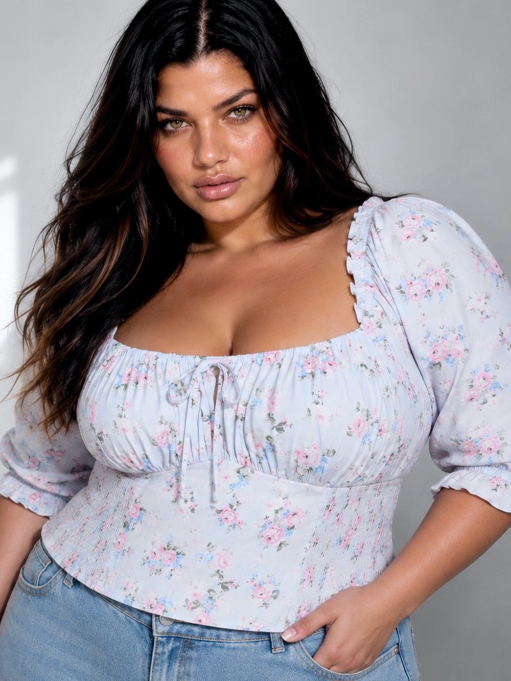 TORRID LoveSick Elbow Sleeve Smocked Top Floral Light Blue